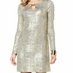 Vince Camuto gold shimmer sheath mini dress Sz 2 goldtone keyhole neck detail